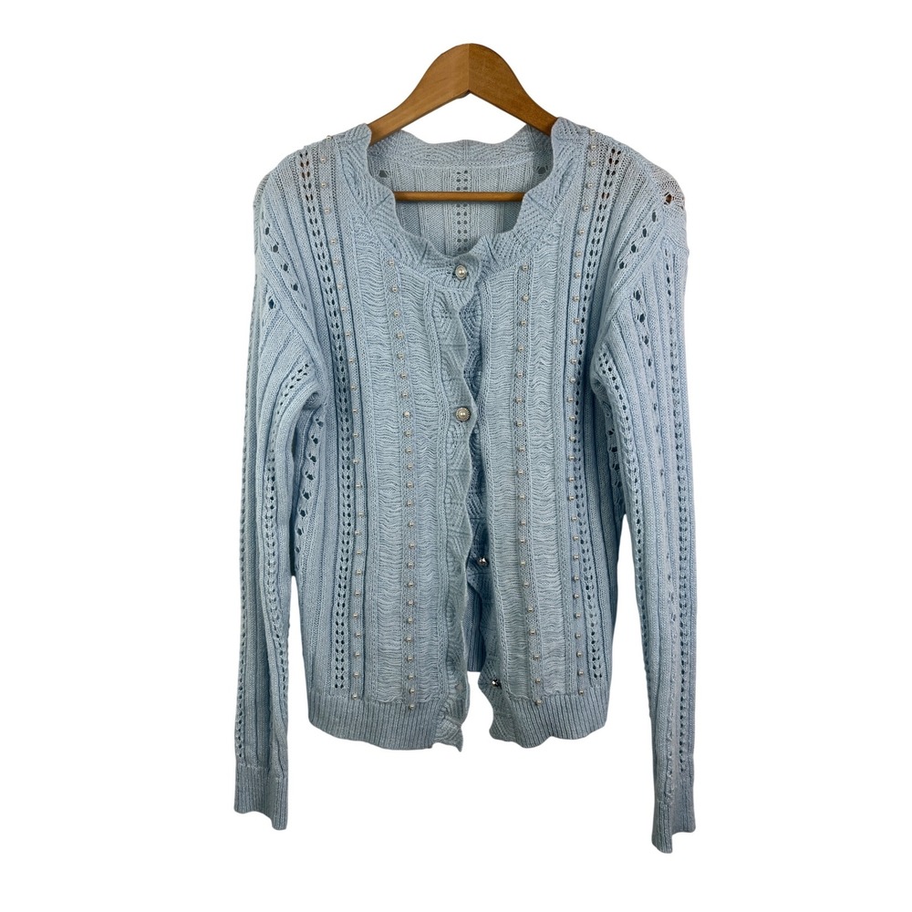 Light Blue Pointelle Knit Cardigan Faux Pearl‎ Accents Scalloped Trim Small